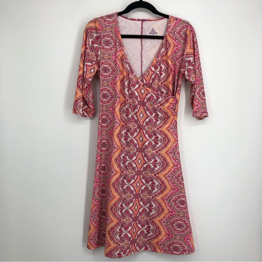 Prana Fuchsia Bali Nadia 3/4 Sleeve Veeda Dress Size Medium